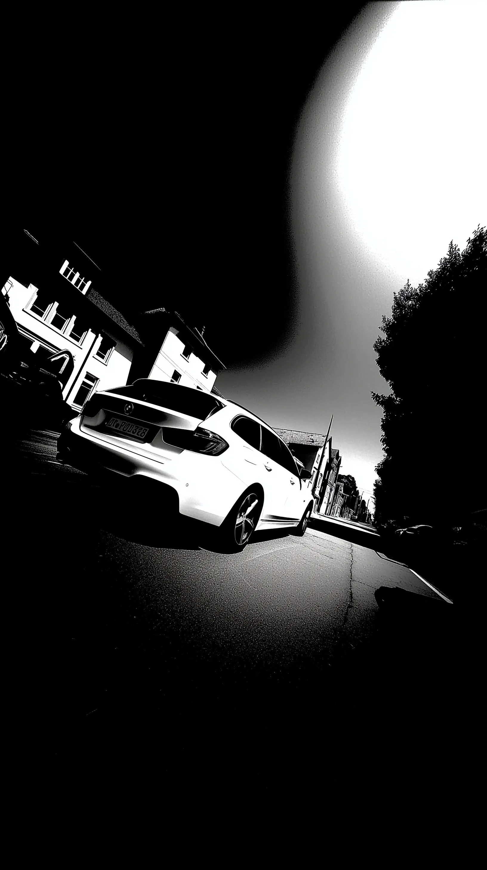 Surreal black and white BMW car wallpaper with high contrast artistic distortion for iPhone backgrounds.