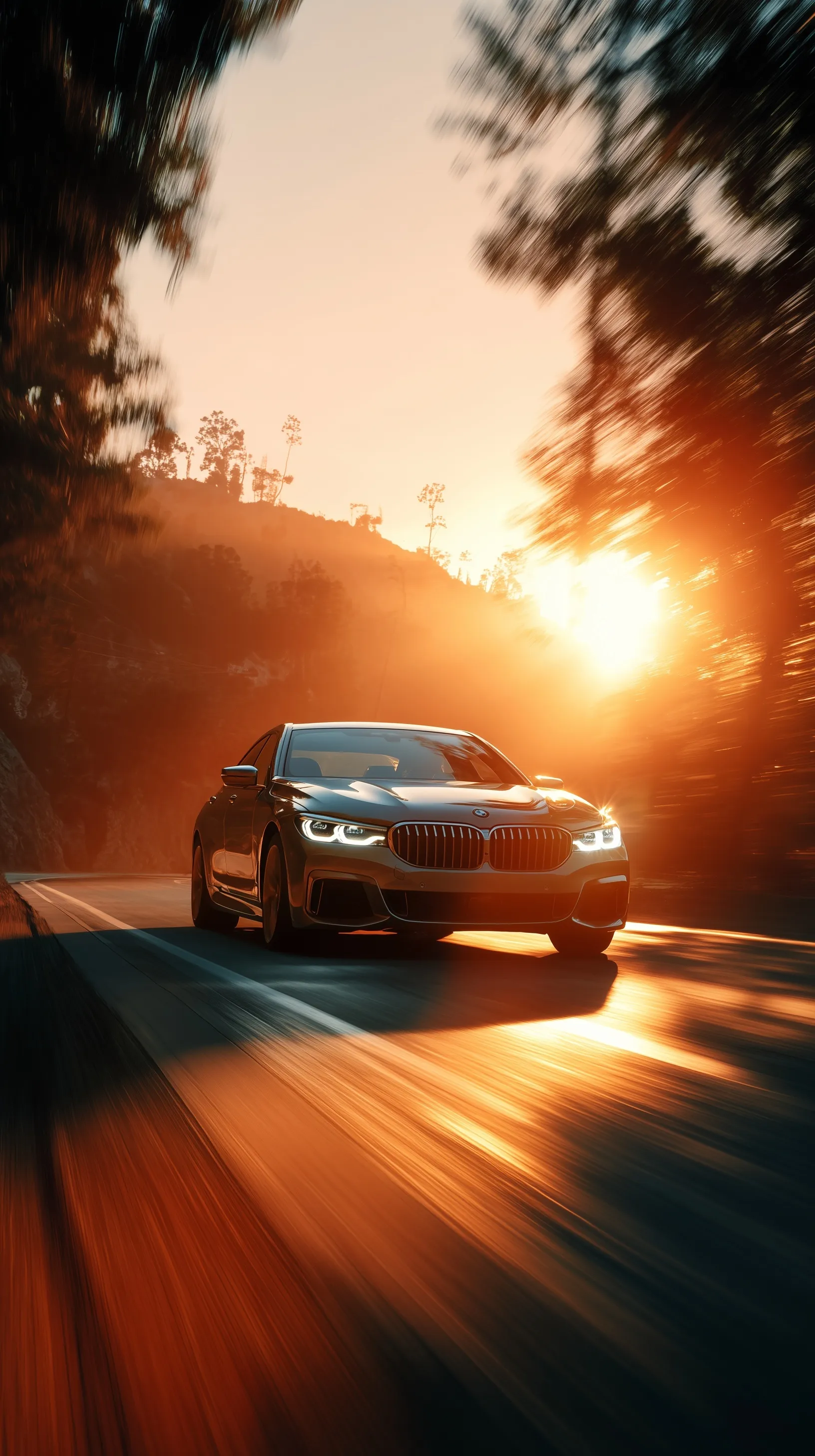 A cinematic BMW car driving on an open road at sunset, featuring the Sheer Driving Pleasure slogan.