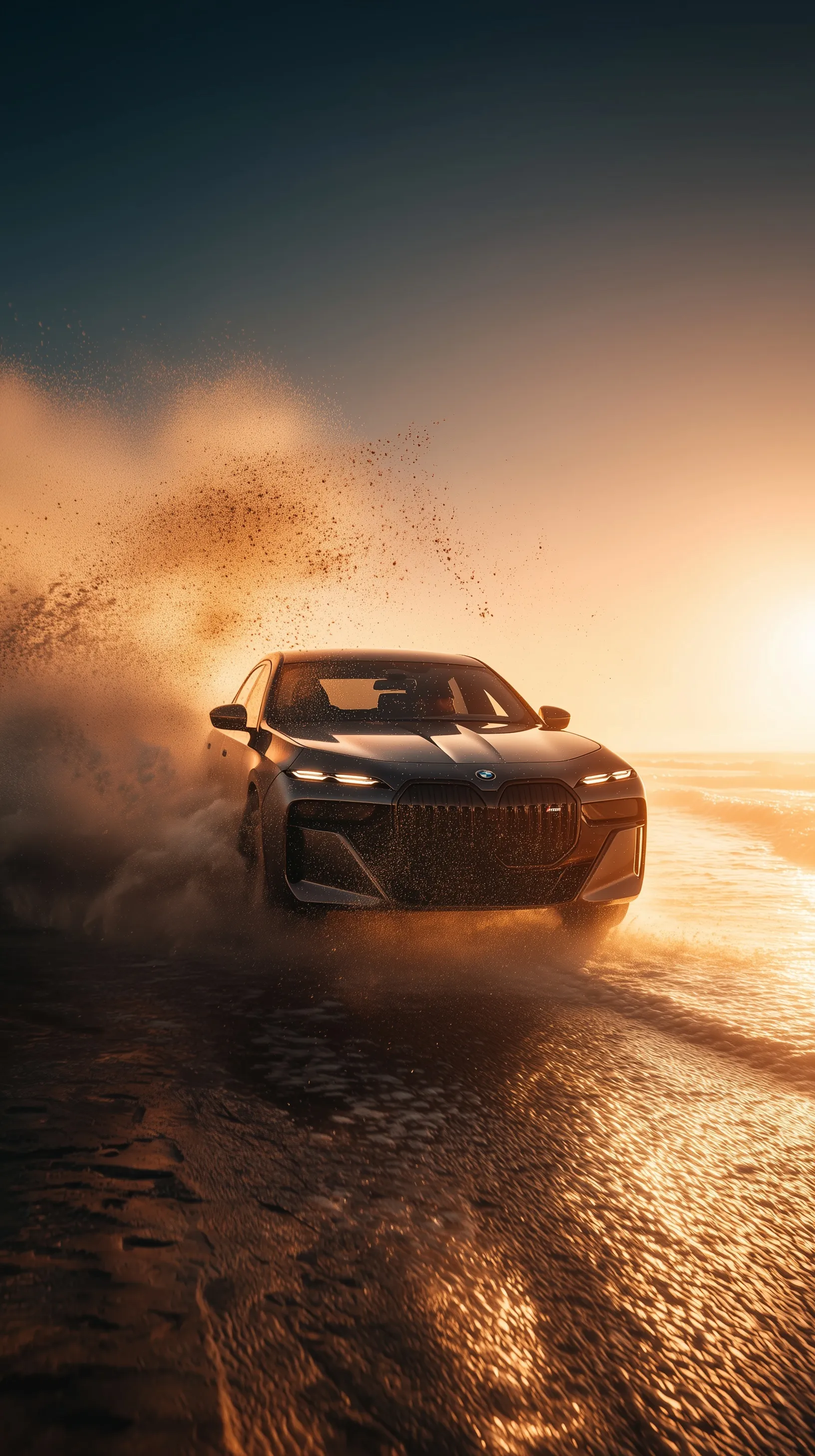 A futuristic BMW i7 transforming into a private jet on a golden beach at sunset with cinematic ocean spray.