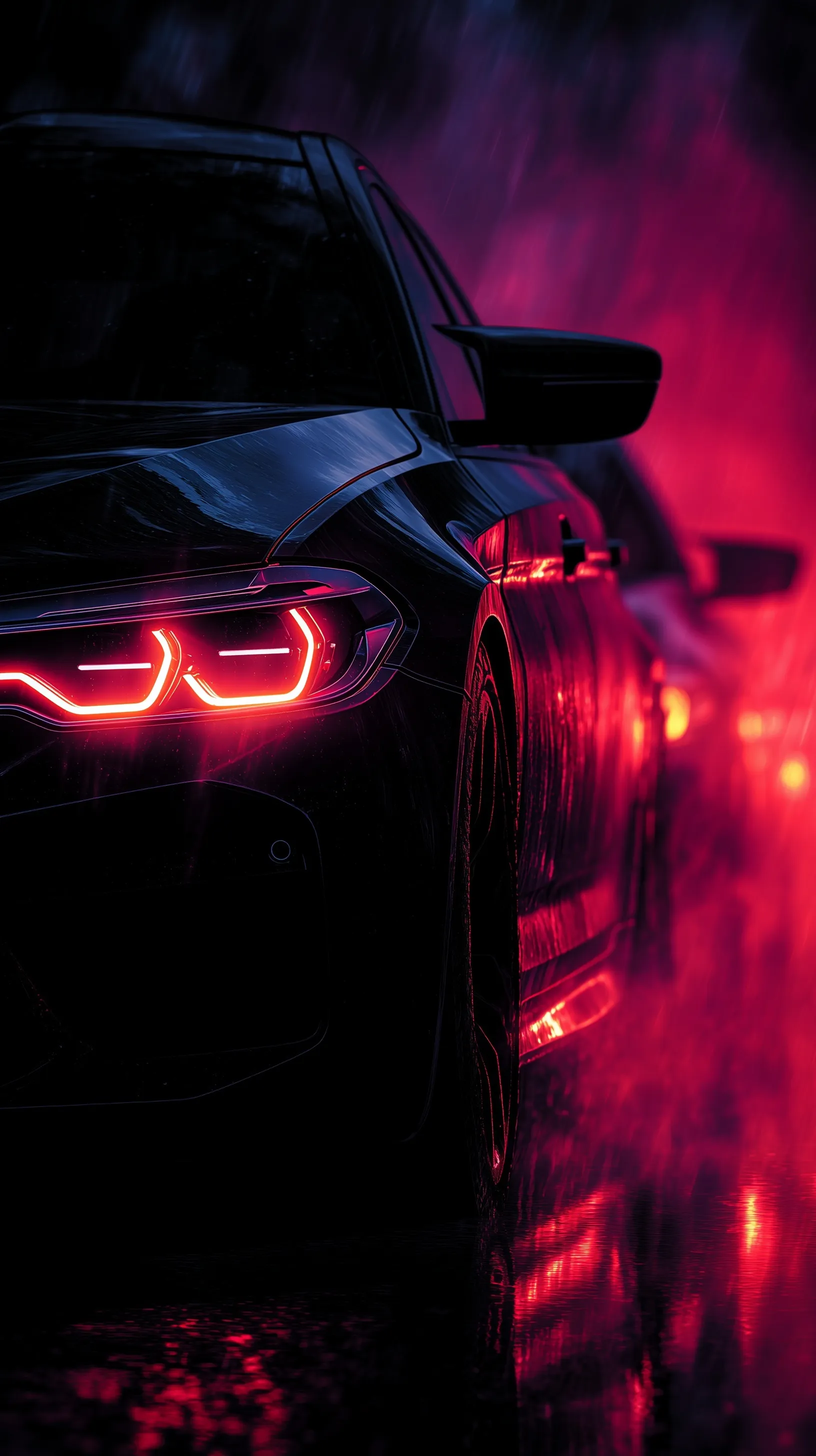 Sleek black BMW M5 sports car with glowing LED headlights and red gradient background for phone wallpaper.