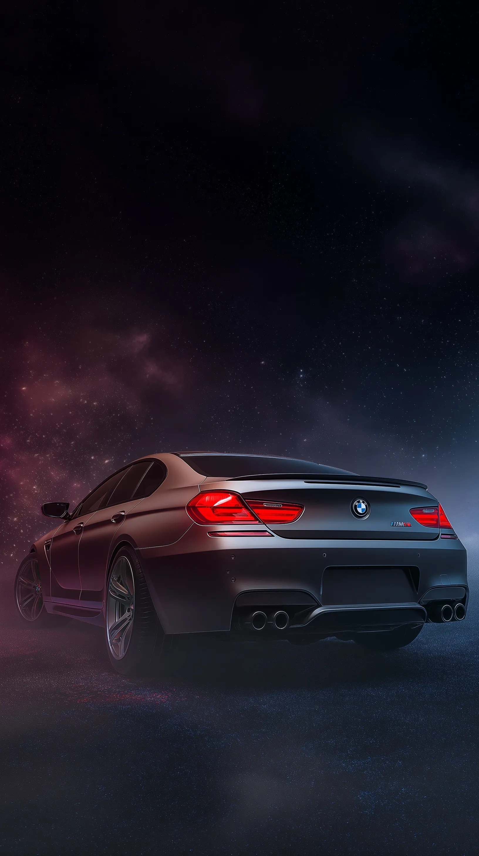 Matte grey BMW M6 coupe floating in space with glowing taillights and cosmic debris for iPhone wallpaper.