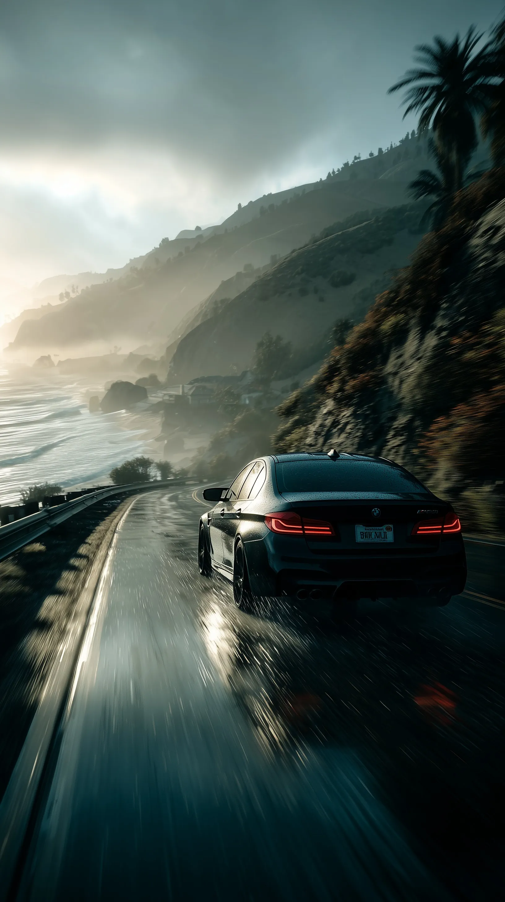 Rear view of a BMW convertible driving on a scenic coastal road with motion blur and wet reflective asphalt.