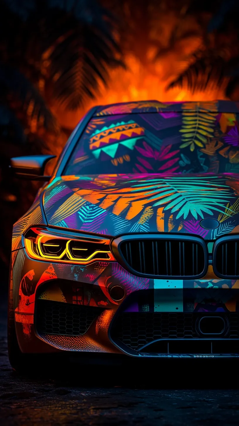 A 3D rendered 2025 BMW M5 with painted patterns in a jungle setting, perfect as a stylish, cartoony iPhone wallpaper.