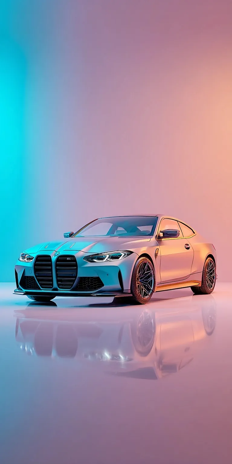 A sleek tuned 2025 BMW M4 in a pastel studio setting with soft professional lighting, high-resolution aesthetic.