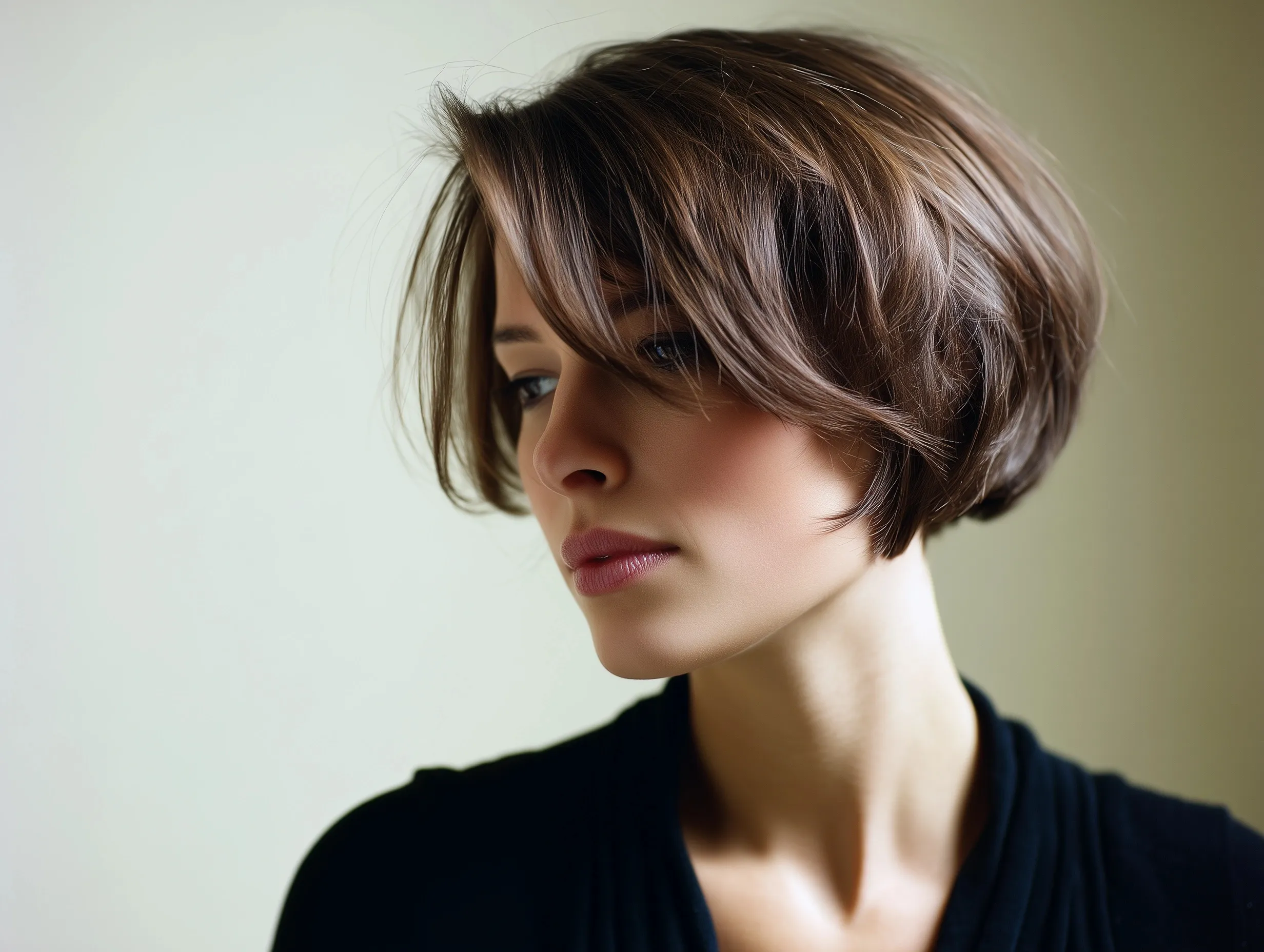 Close-up portrait of a woman with a sleek, structured bob haircut with tapered ends and a clean, minimalist style.