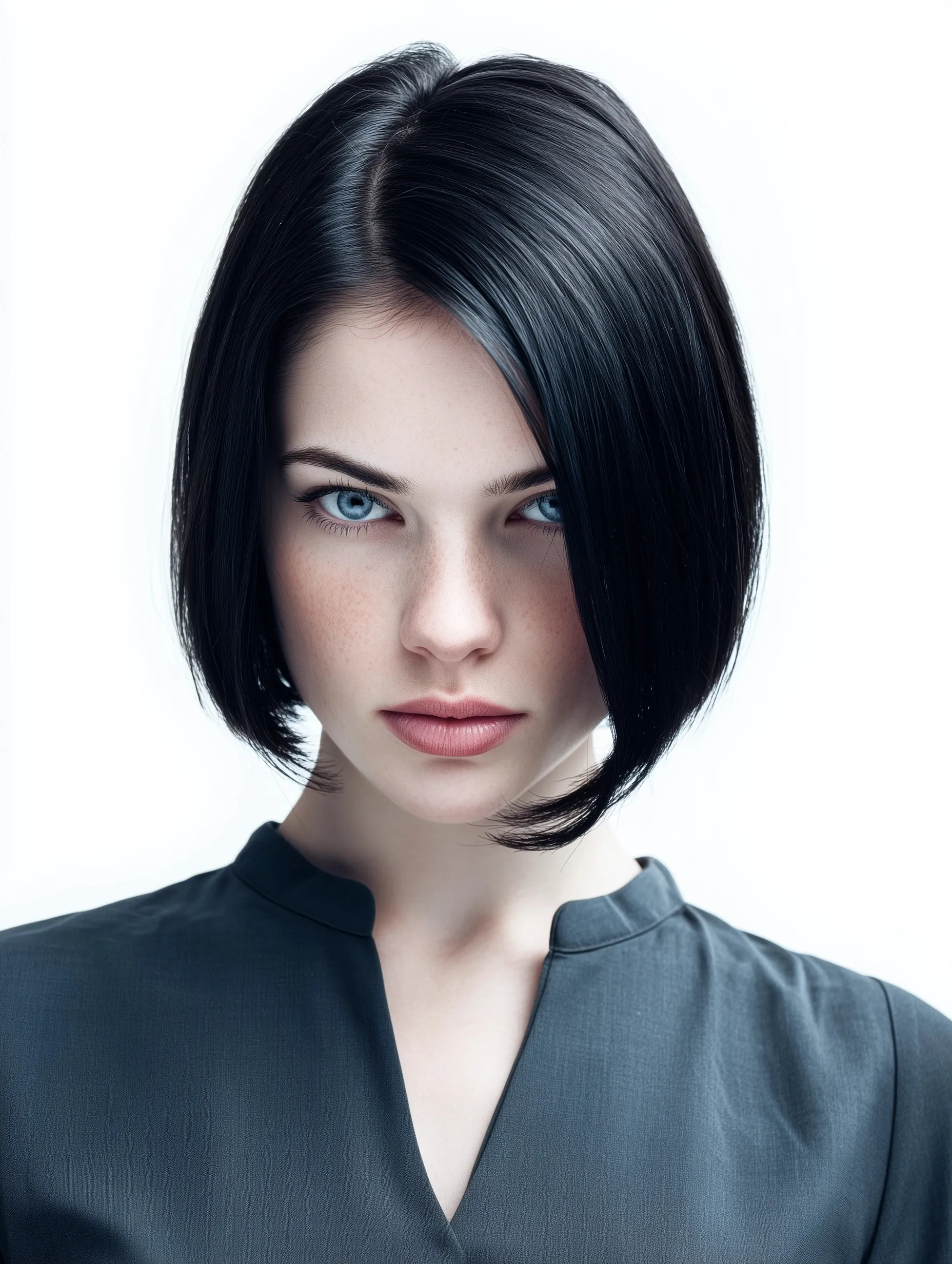 A 24-year-old artist with a sleek, jet-black bob hairstyle, striking bone structure, and a charcoal tunic.