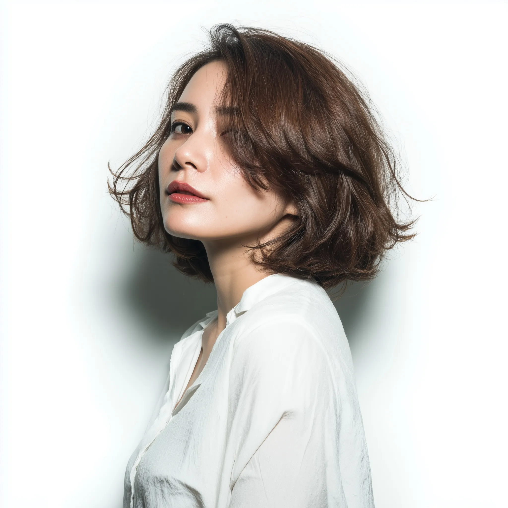 Korean woman with a short C-curl bob hairstyle and volume, featuring a soft natural expression on white background.