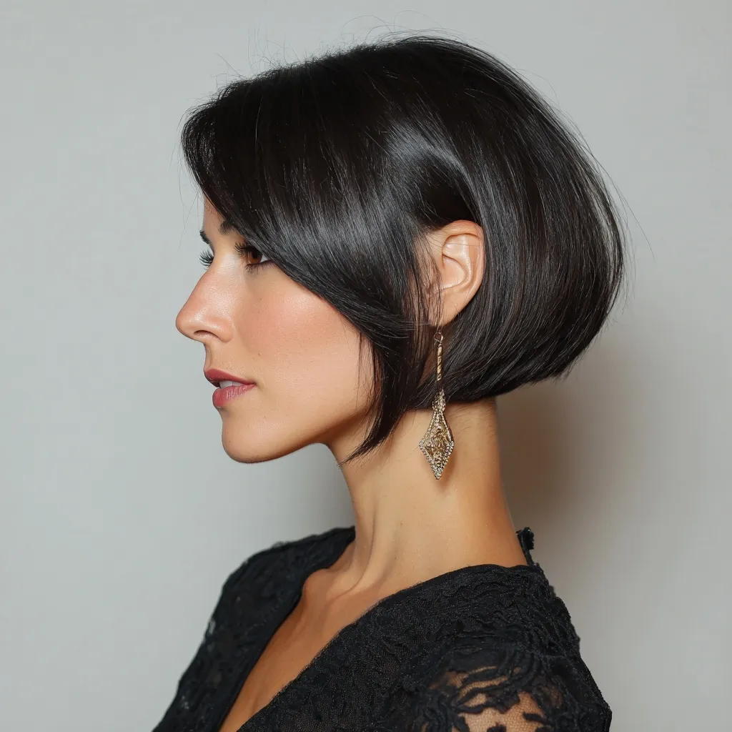 A stylish woman with an asymmetrical bob haircut featuring a distinctive long side tail.
