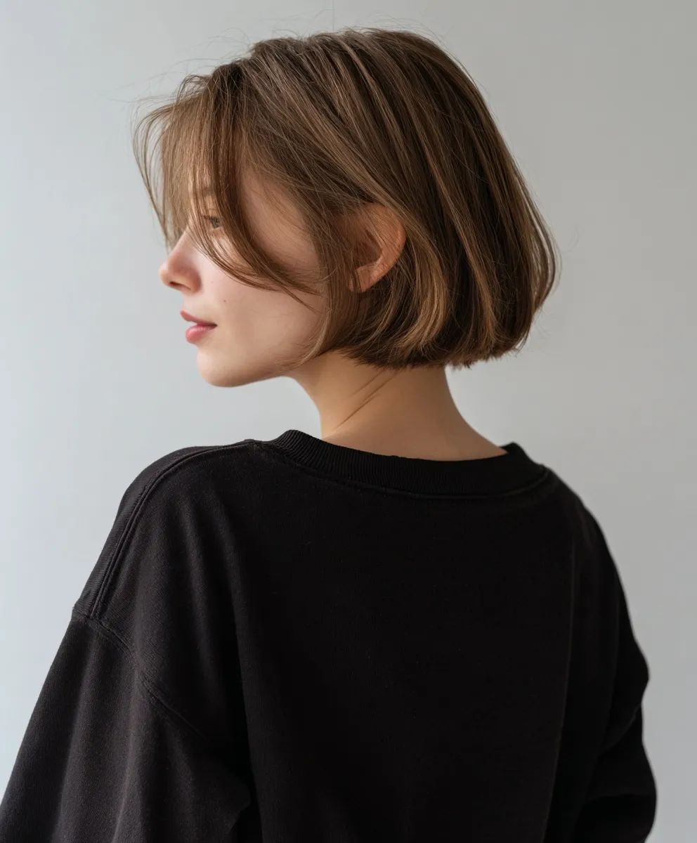 Back view of a Japanese woman with a light brown bob haircut and gray highlights wearing an oversized black sweater.