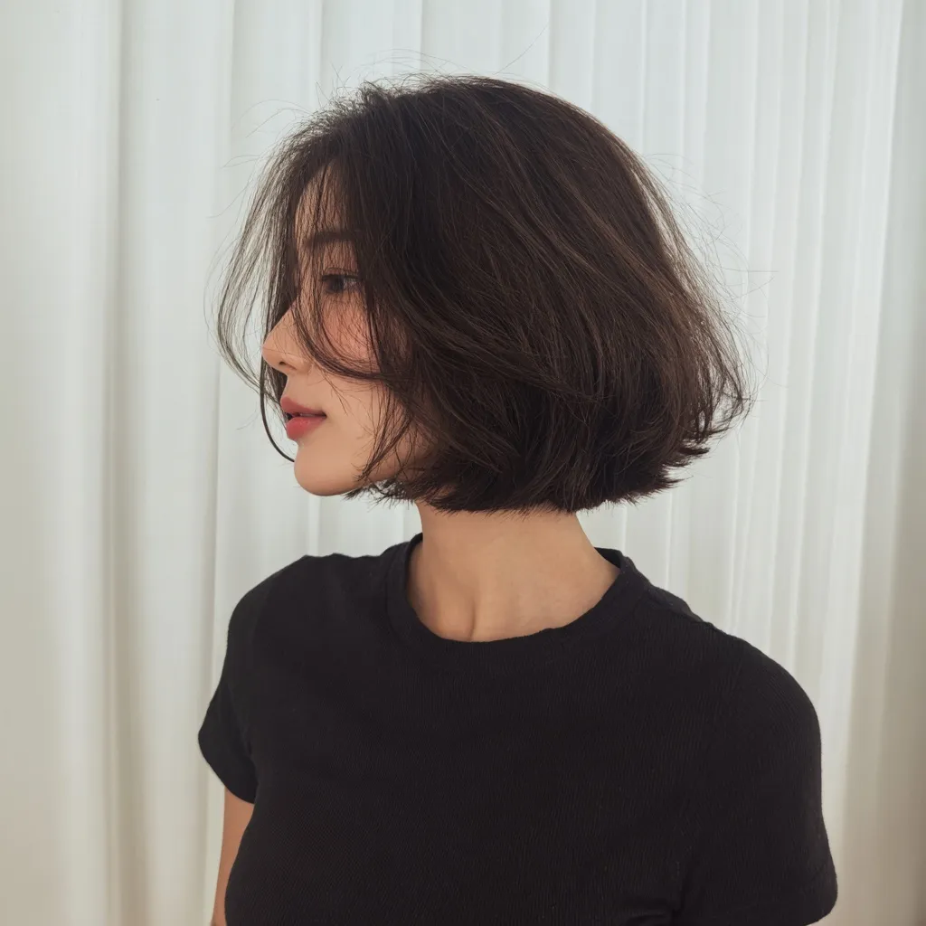 Korean woman with a textured ash brown blunt bob haircut in a side profile view against a white curtain background.