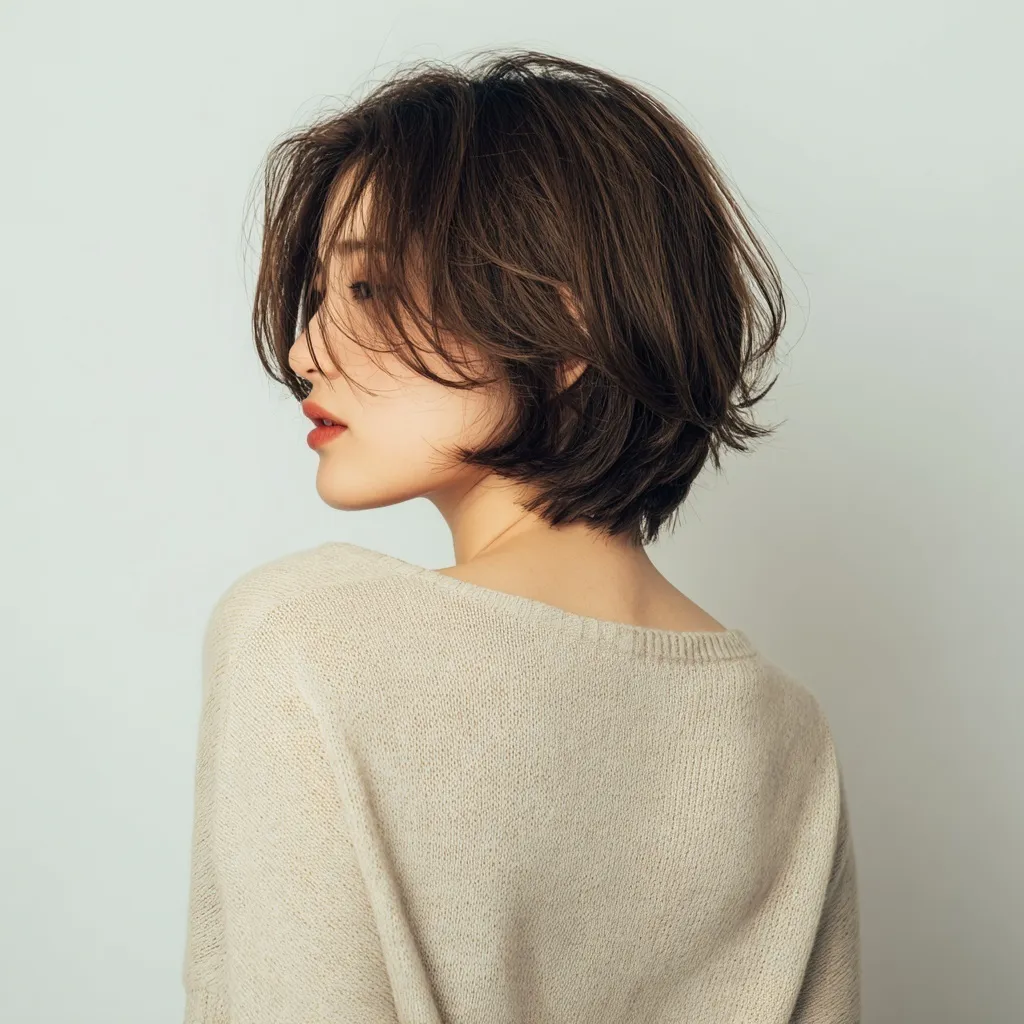 Rear view of Japanese woman with soft layered ash brown bob hairstyle wearing a beige knit top in a studio.