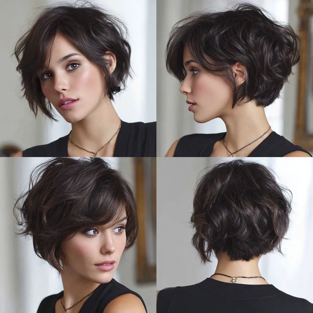 A woman with a short, layered bob haircut featuring blonde highlights, shown from multiple angles.