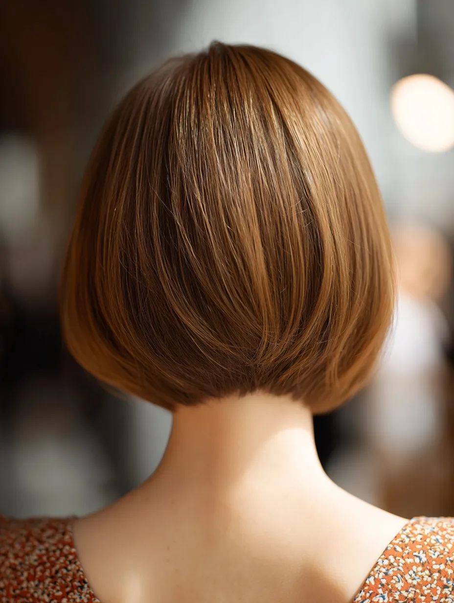 A beautiful Japanese woman with a stylish, shiny light brown bob haircut viewed from the side and back.