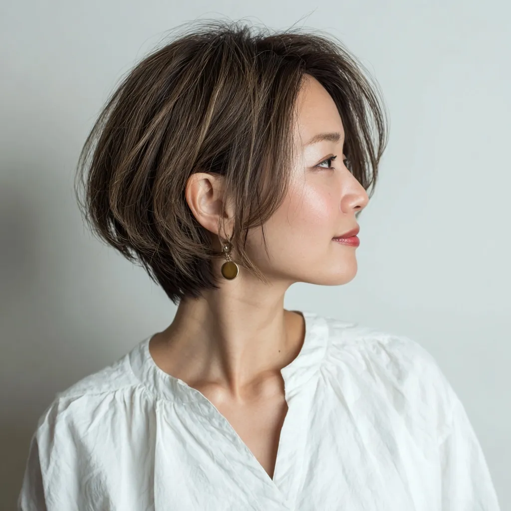 Stylish Japanese woman in her forties with an ash brown short bob haircut wearing a white top, profile view.
