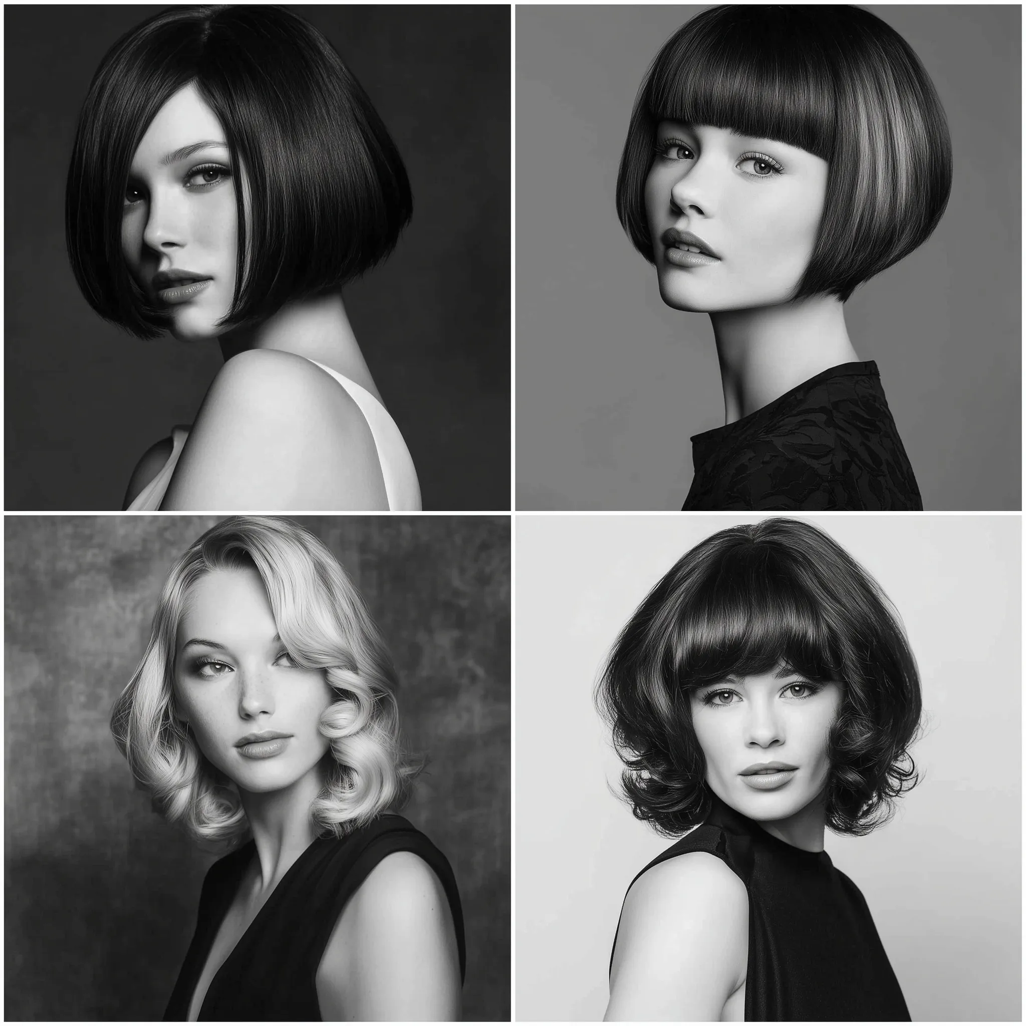 A collage of diverse women’s bob hairstyles, including sharp angular, vintage, and modern asymmetrical cuts.