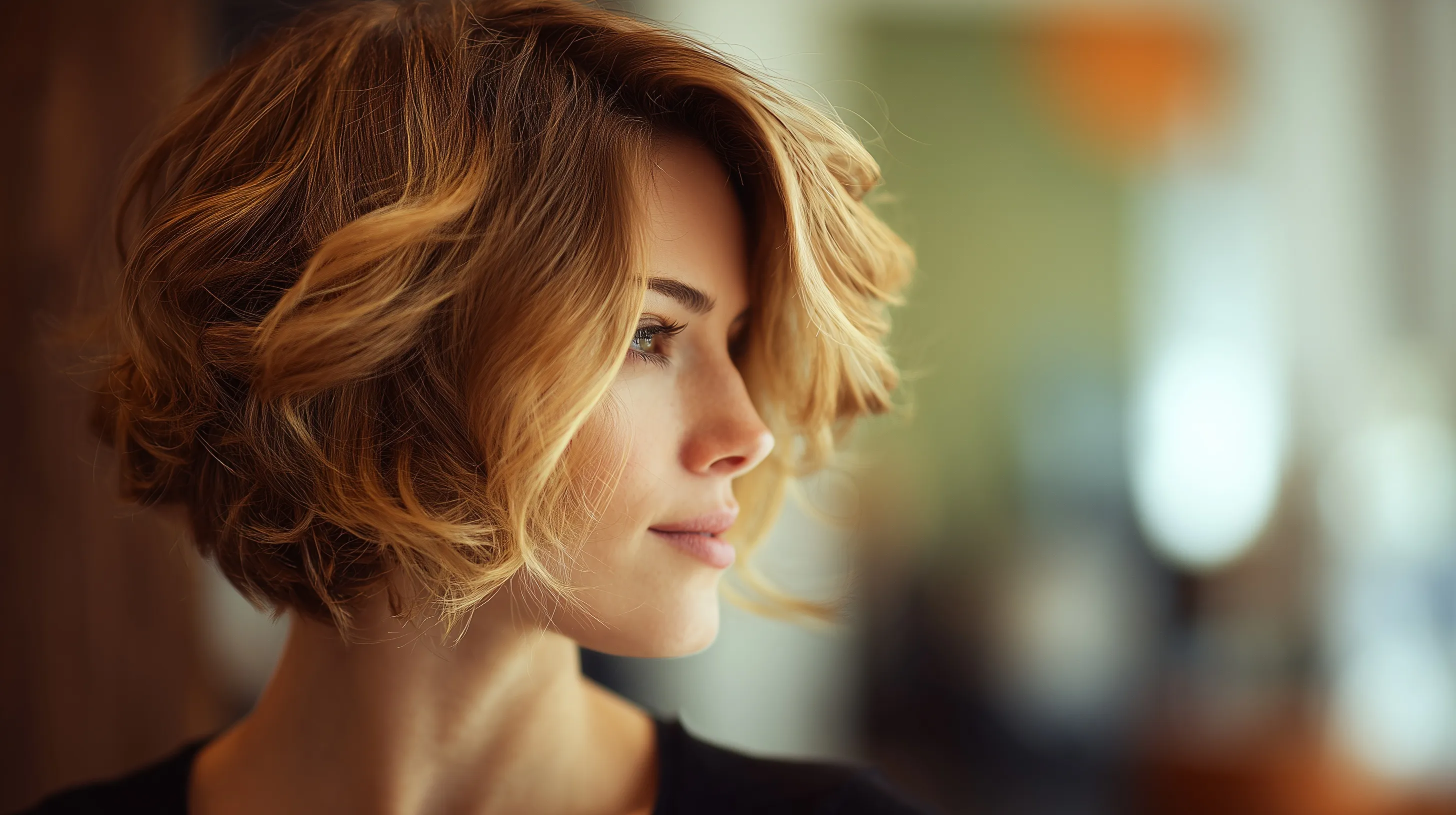 A stylish woman with a modern bob haircut posing in a bright, professional salon with a soft-focus background.