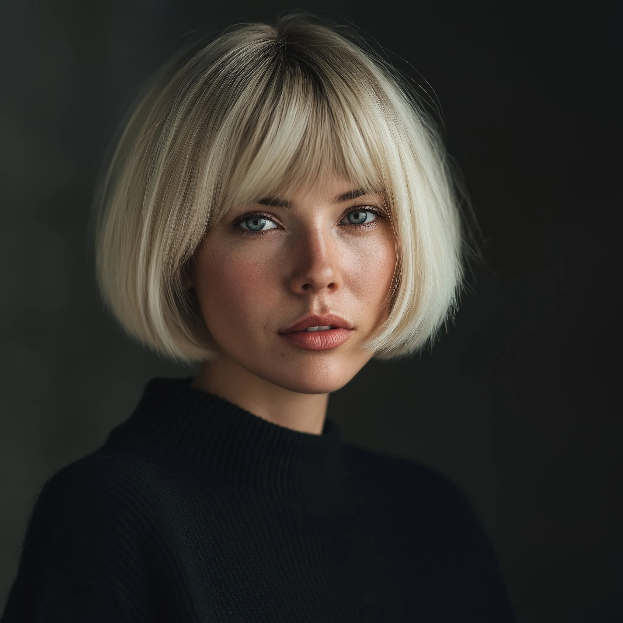 Professional 30-year-old blonde woman with a stylish short bob haircut looking at the camera.
