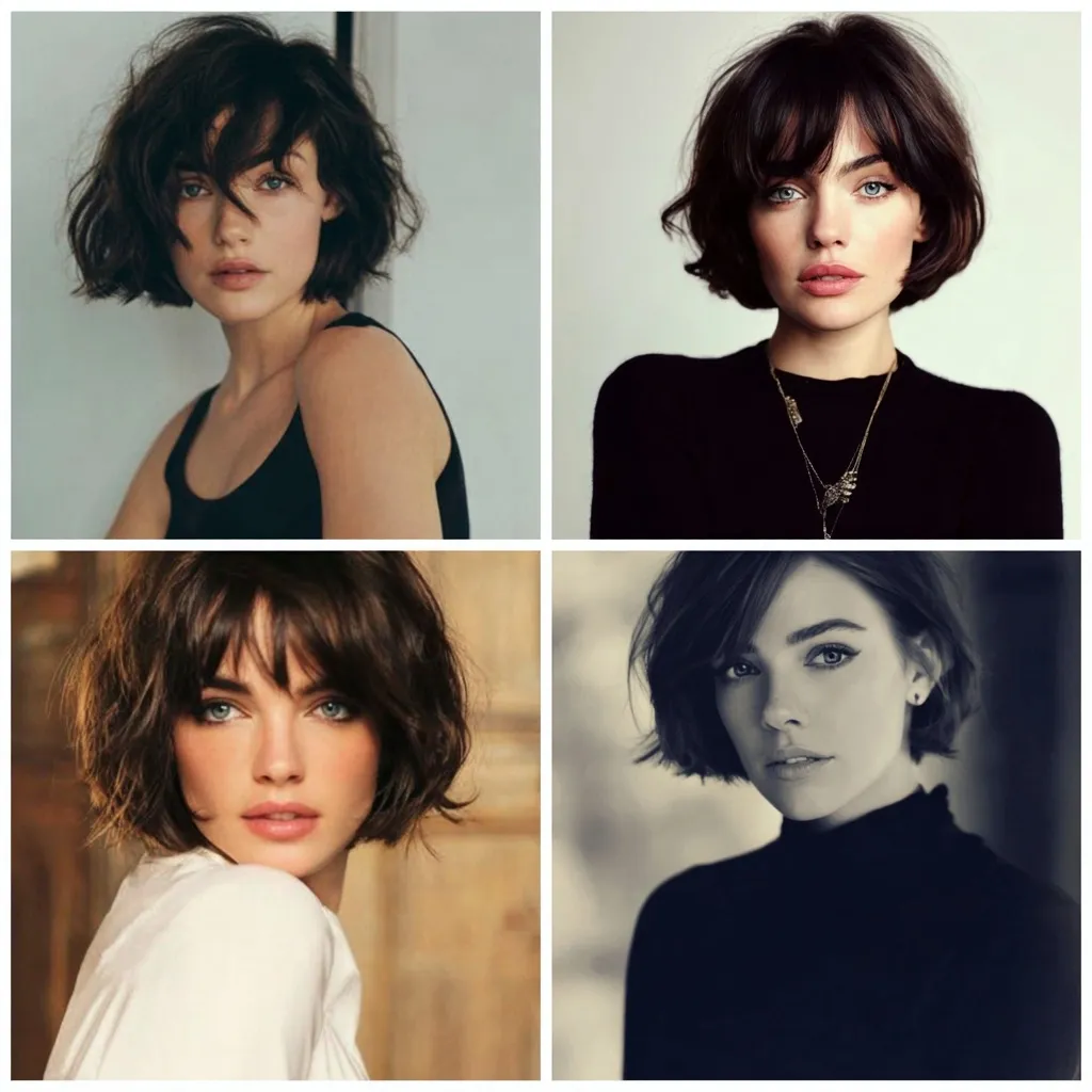 A stylish woman with a trendy short bob haircut posing confidently for a professional beauty portrait.