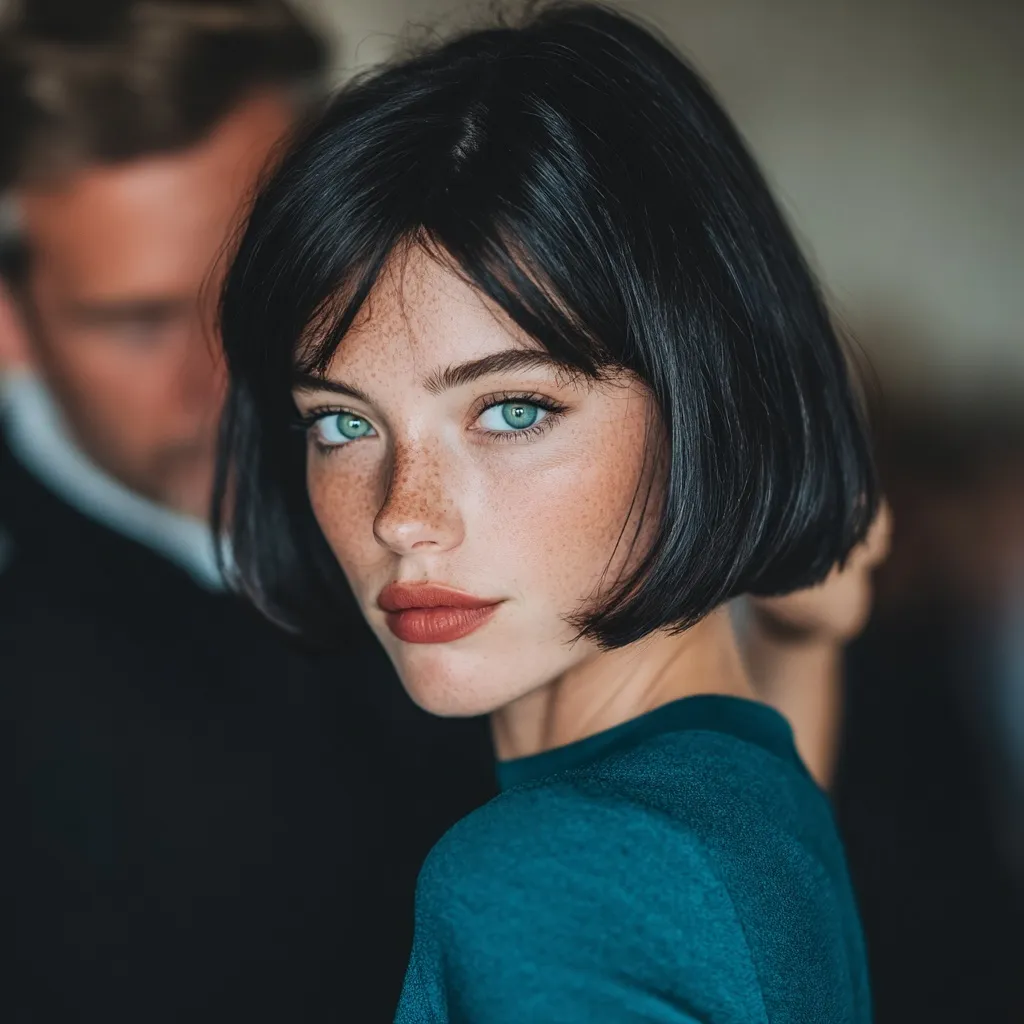 Professional hairstylist styling a sleek black bob haircut on an attractive woman in a teal dress at a hair salon.