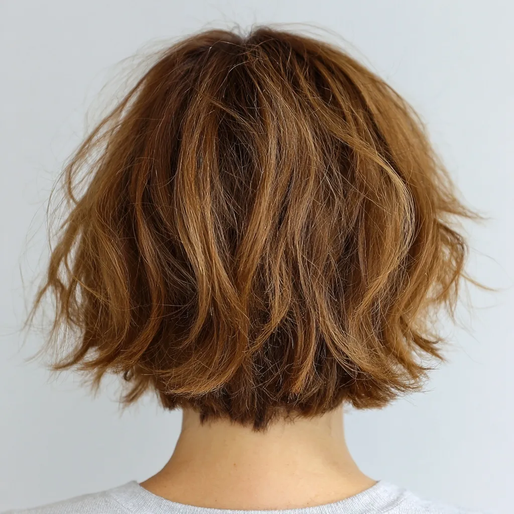 Back view of a Japanese woman with a messy, light brown tousled bob haircut showing natural highlights and texture.