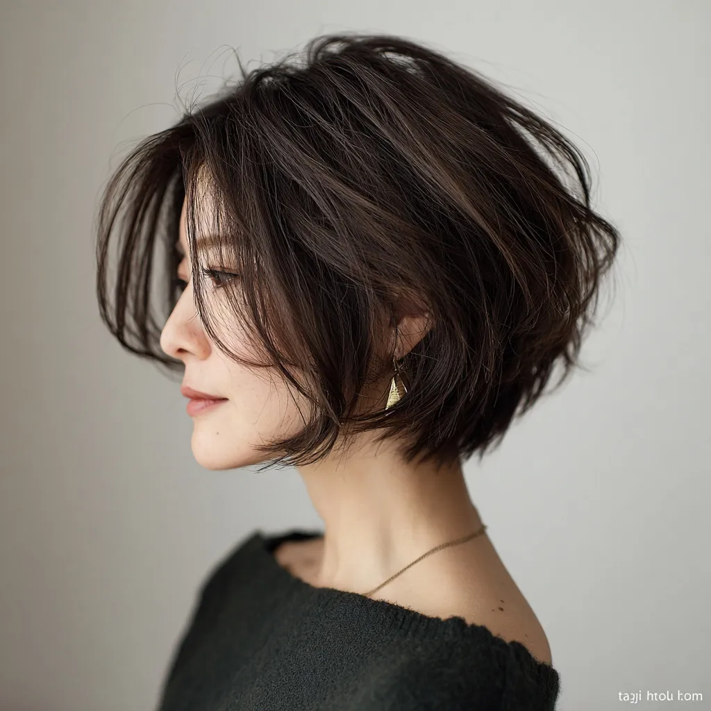 Side profile of a Japanese woman in her 30s with a stylish brown kubire bob haircut and natural volume.