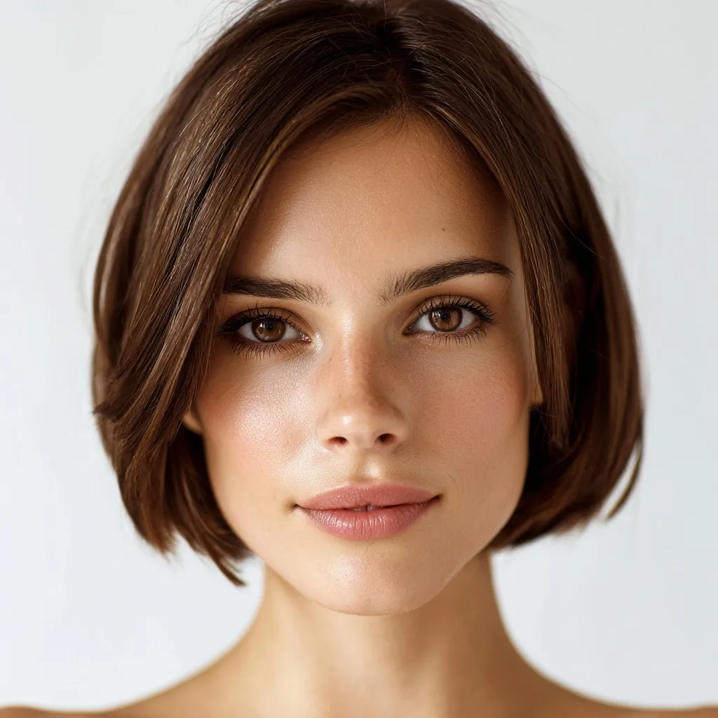 Close-up portrait of a 22-year-old woman with a smooth light brown bob haircut posing against a clean white background.