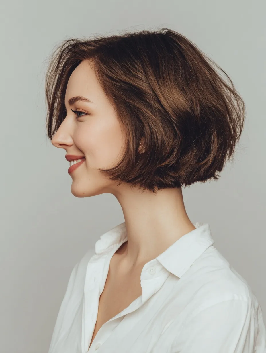 Side profile of a confident woman with a stylish brown bob haircut wearing a white shirt, soft natural lighting.