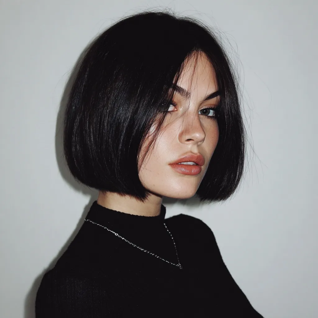 Sleek jaw-length blunt bob hairstyle with a middle part against a minimalist background.