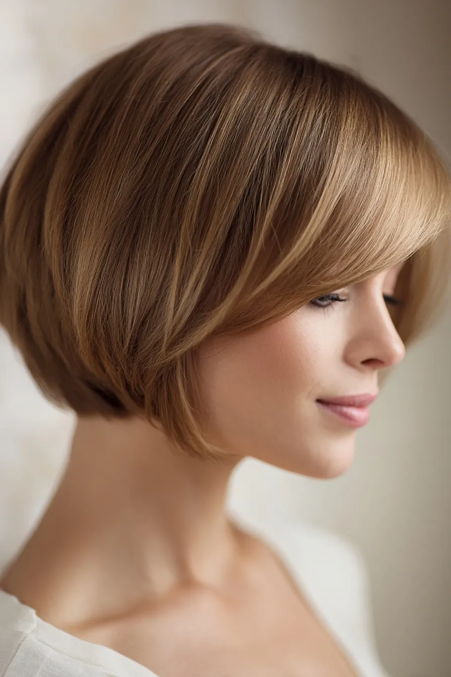 Side view selfie of a woman over 40 with a sleek light brown blunt micro bob haircut for fine hair in a bathroom.