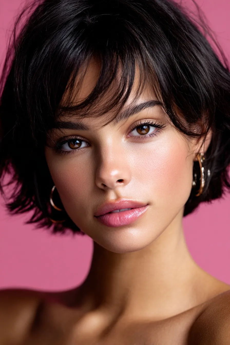 A 24-year-old Hispanic woman with a chic black swing bob haircut posing for a minimalist beauty headshot.