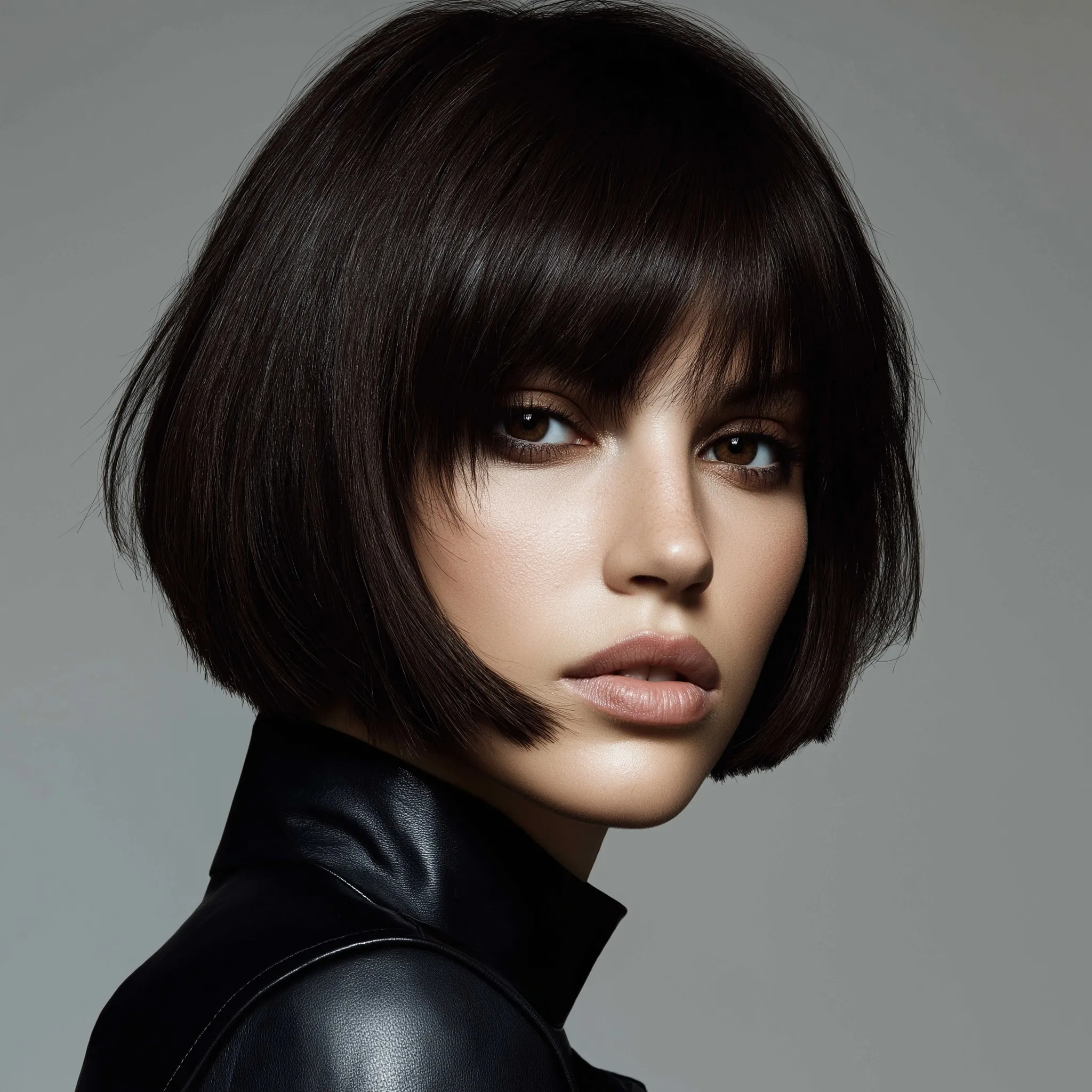 A woman with a chic, razor-sharp jaw-length blunt bob in deep espresso brown hair, styled for a modern aesthetic.