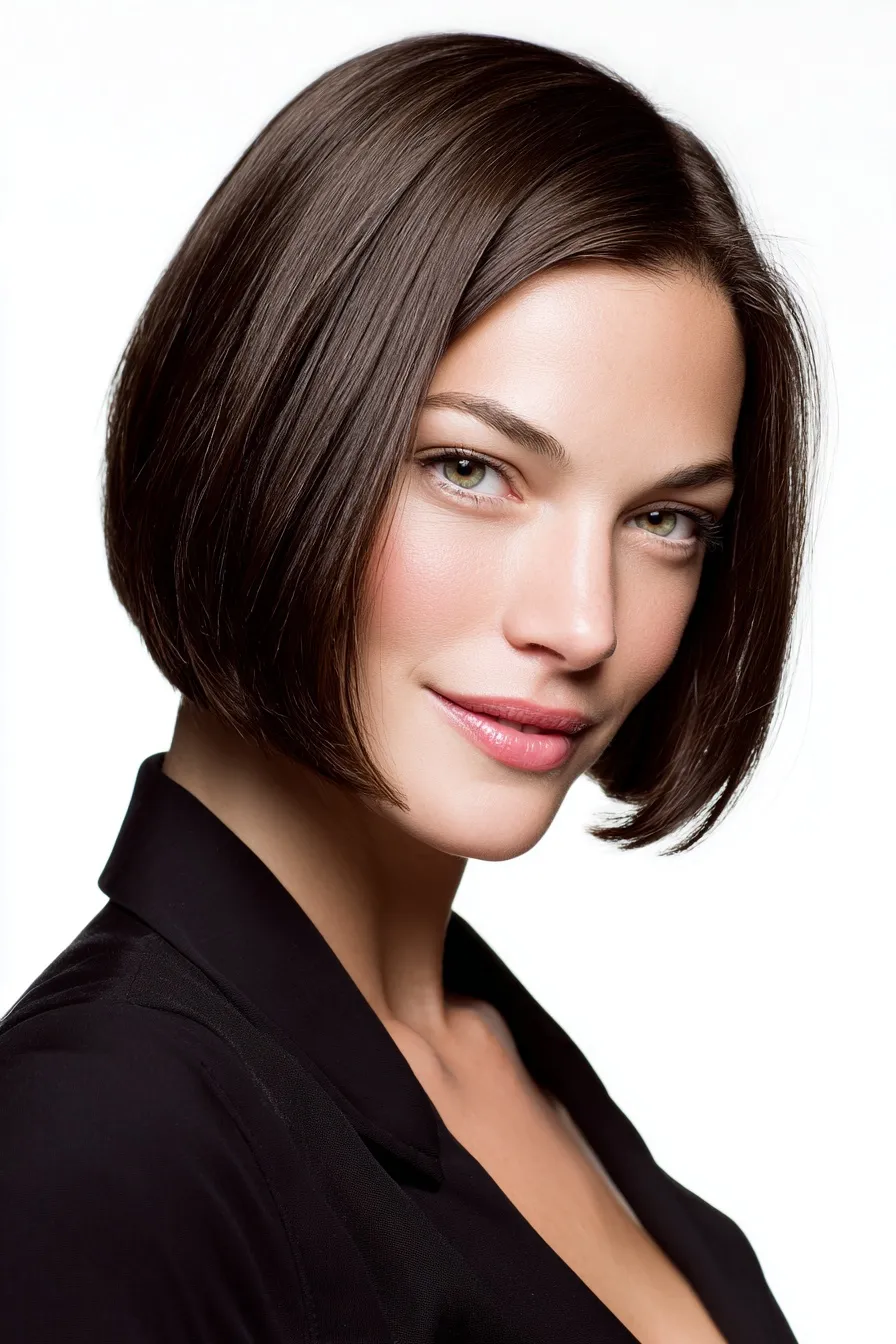 A professional portrait of a woman with a sleek, polished brown bob haircut, smiling confidently on white background.