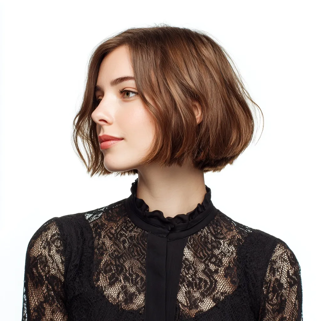 A professional front-view studio portrait of a woman with a stylish bob haircut on a clean white background.
