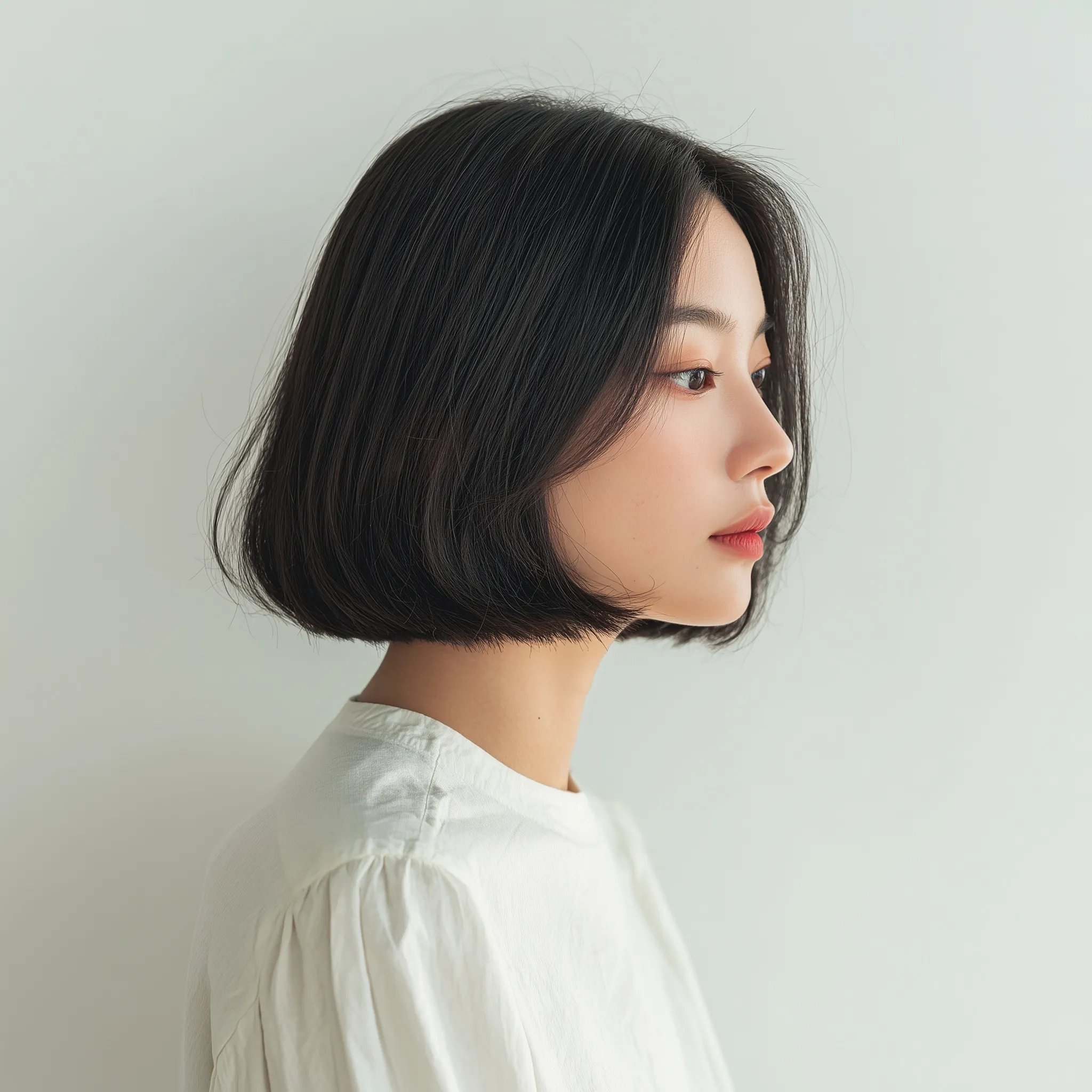 A young Korean woman with a neat, jaw-length bob haircut standing against a plain white background in daylight.