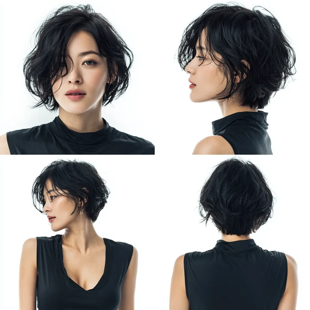 Close-up profile and front shots of a Japanese woman with a professional black bob haircut on a white background.