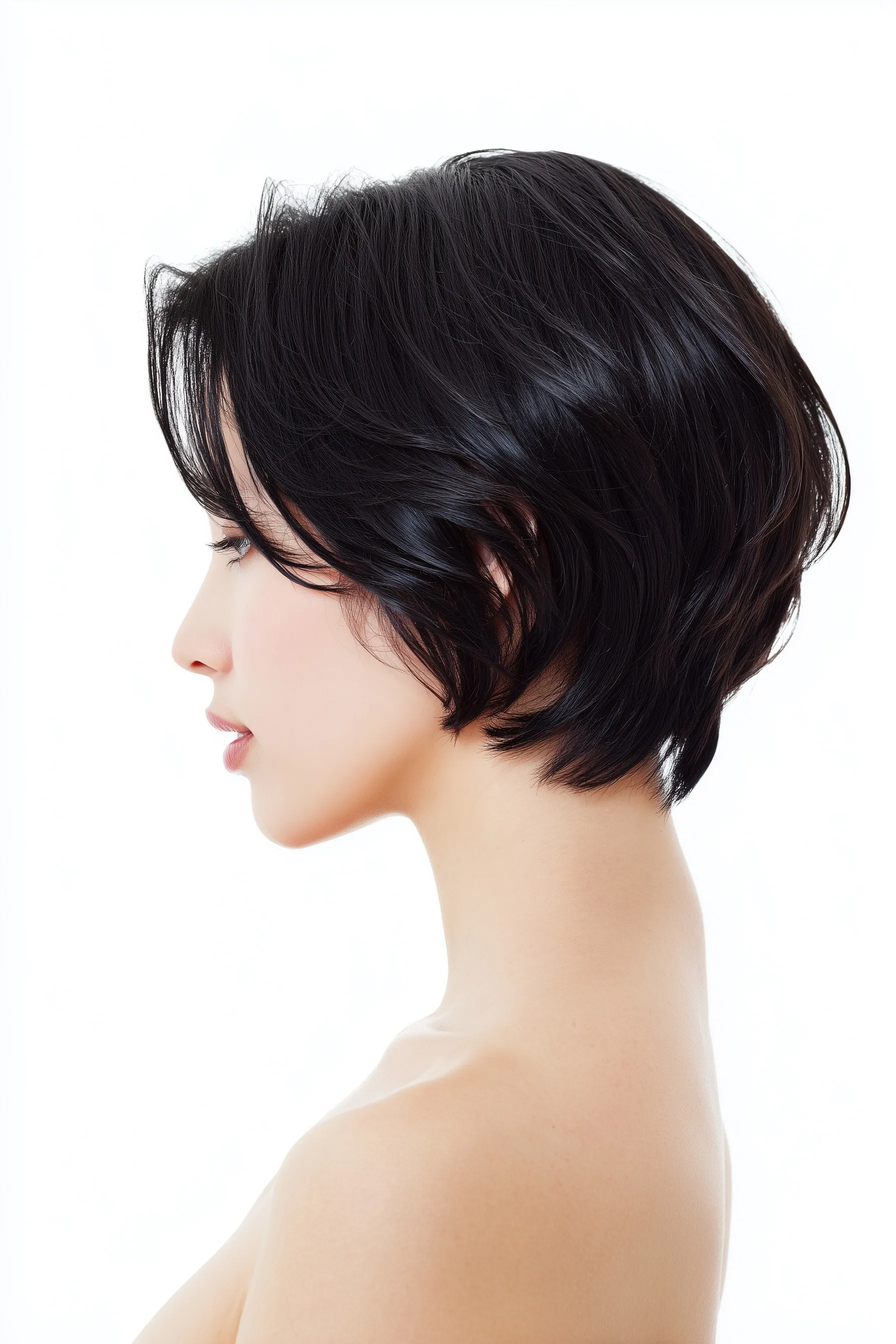 Professional bob haircut on a Japanese woman, featuring front, profile, and rear views on a white background.