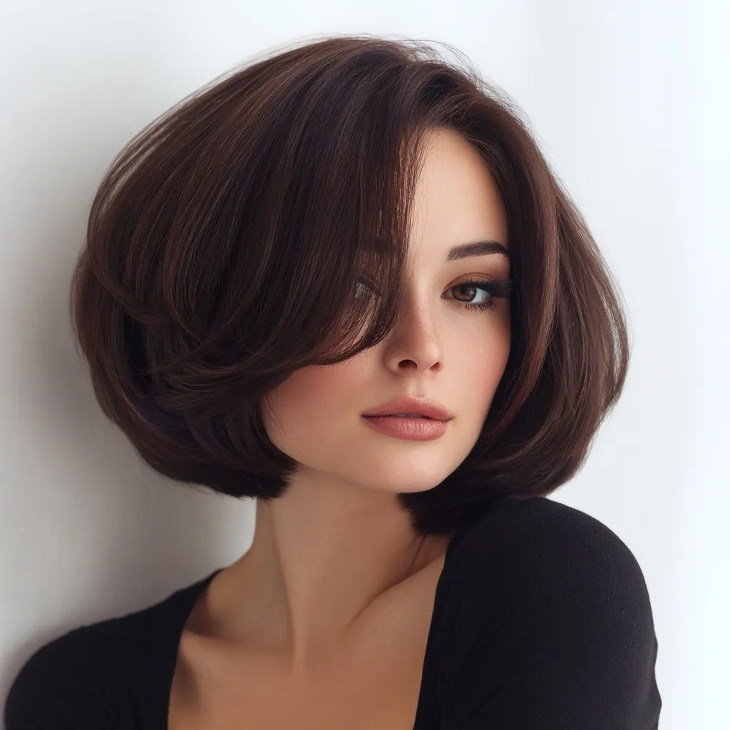 A beautiful woman with an extremely thick, voluminous bob haircut that is wider than her shoulders.