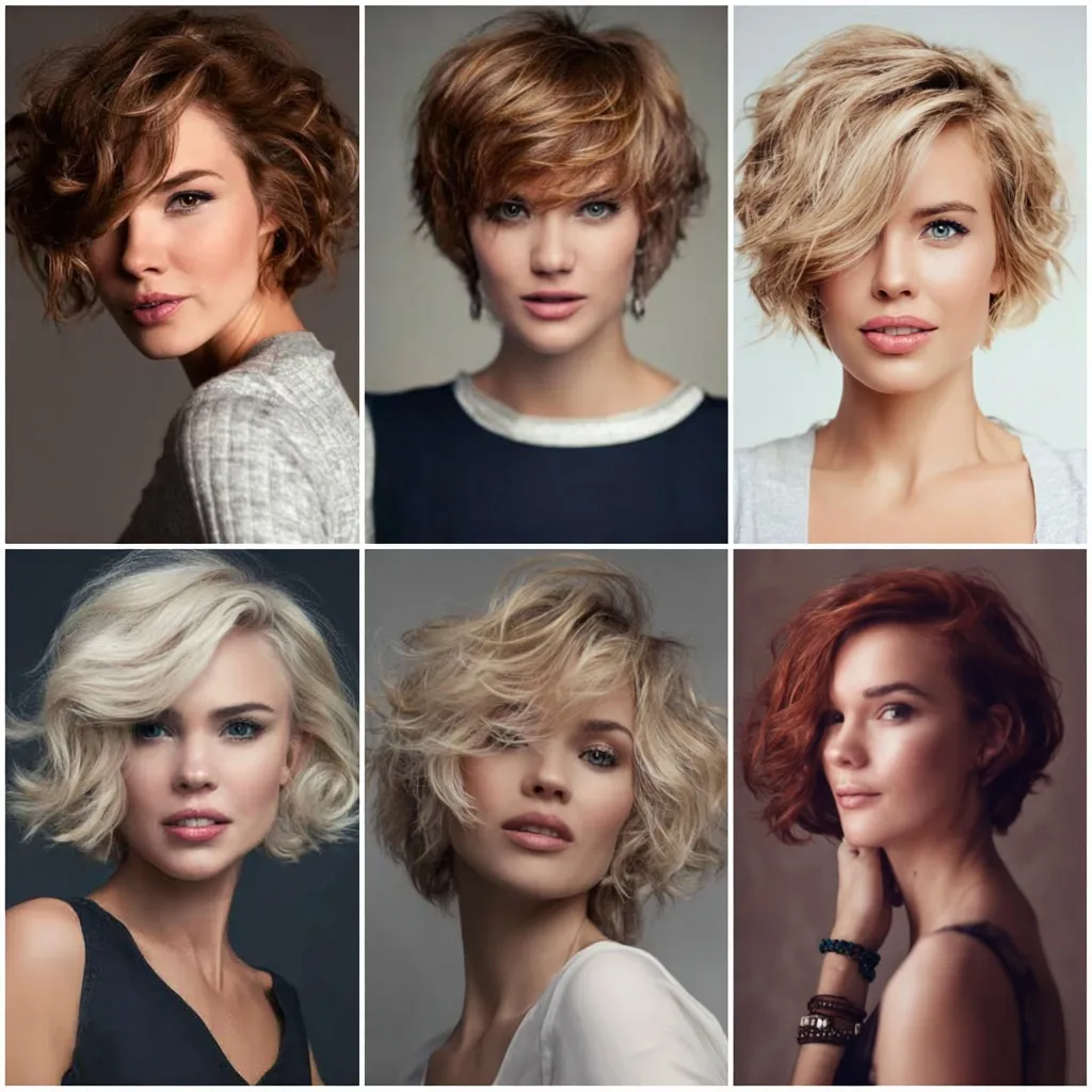 Diverse collection of bob hairstyles for women featuring blonde, red, and dark blonde hair in various lengths.