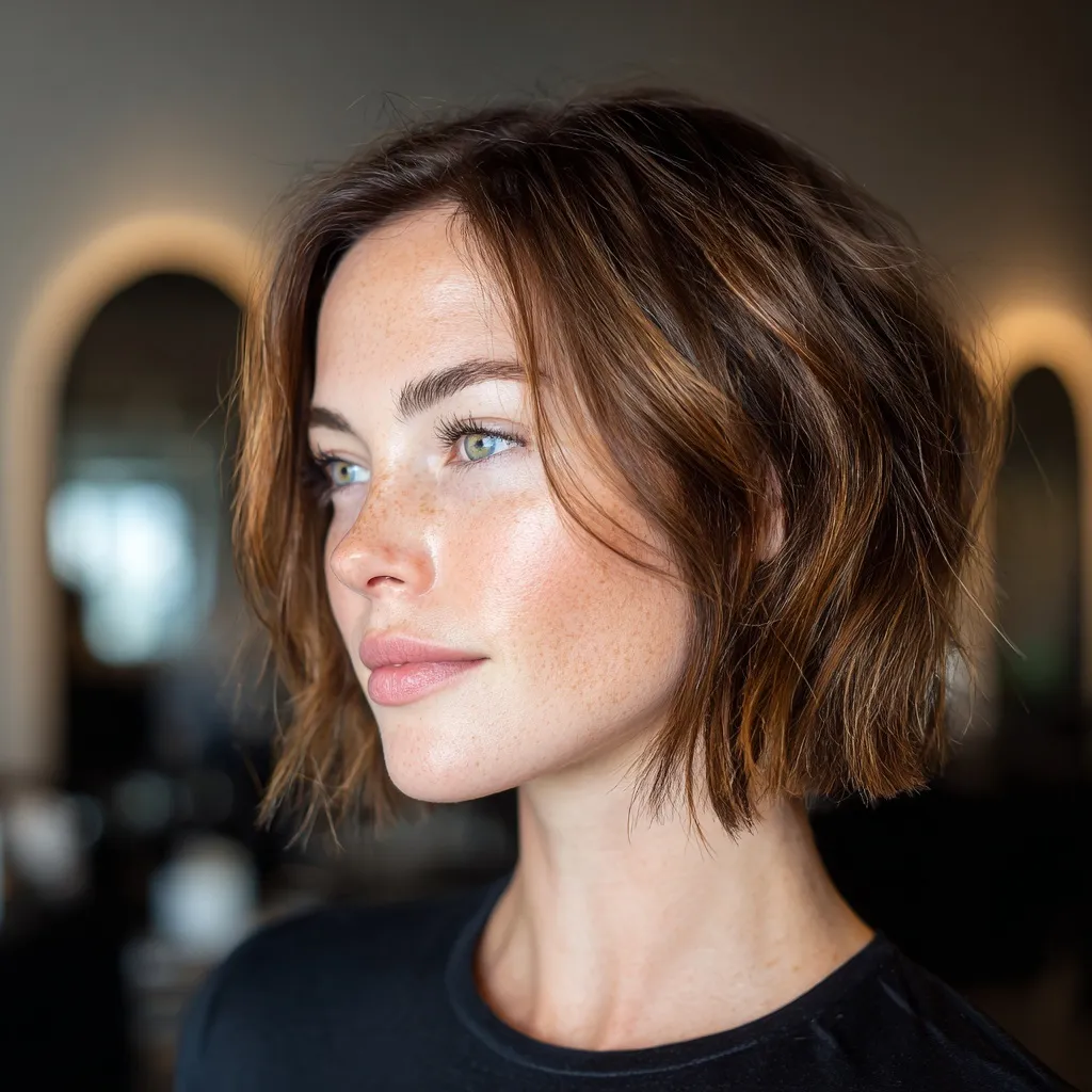 Professional woman with a fresh, glossy bob haircut and natural volume in a modern salon setting.