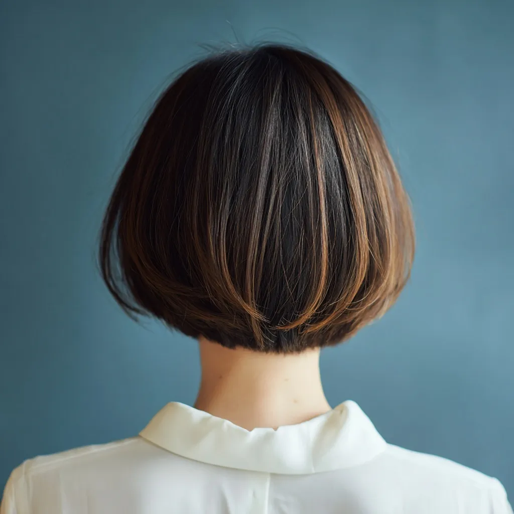 Rear view of a Japanese woman with glossy, highlighted bob haircut and translucent hair color, white shirt.