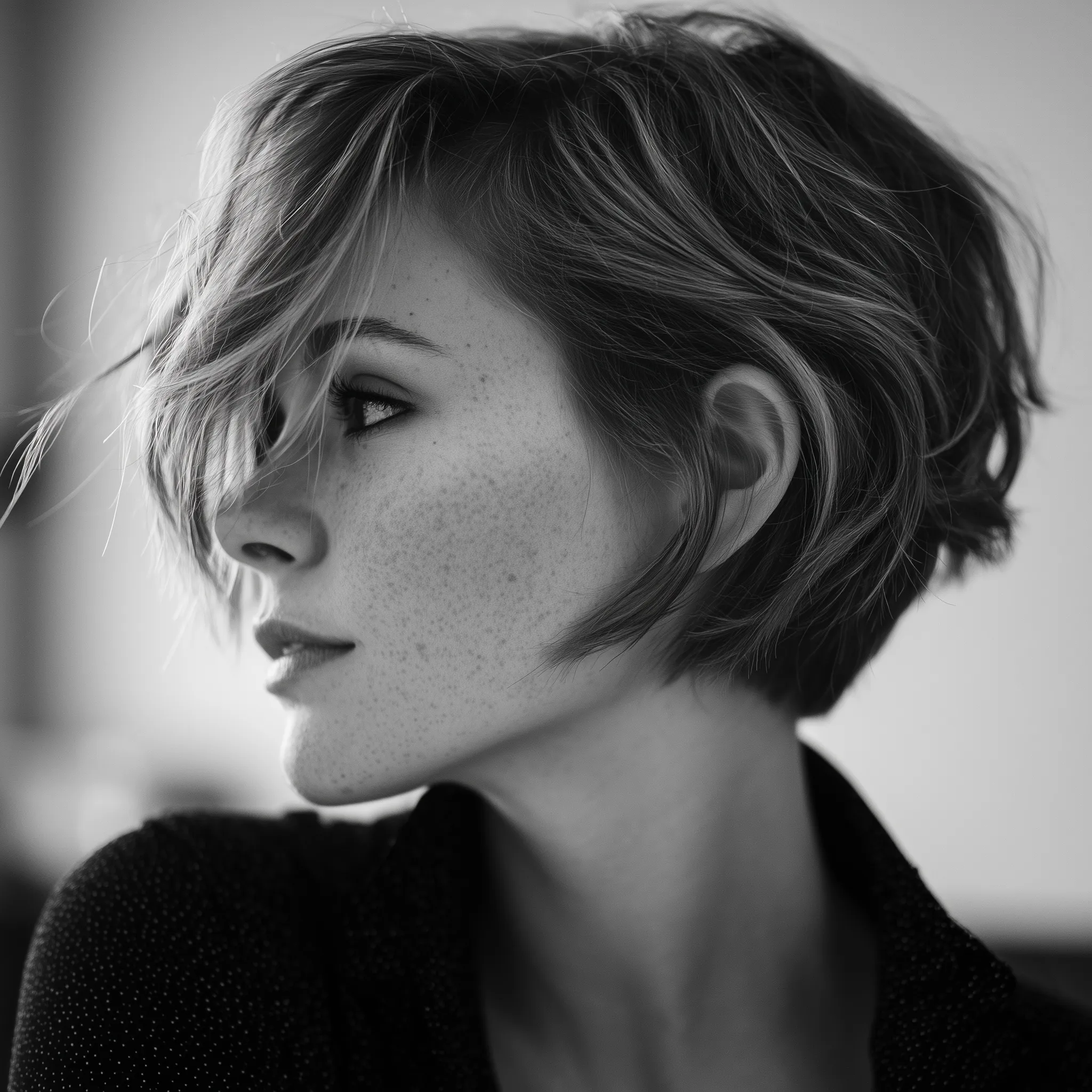A stylish woman with a trendy short bob haircut posing for a professional portrait.