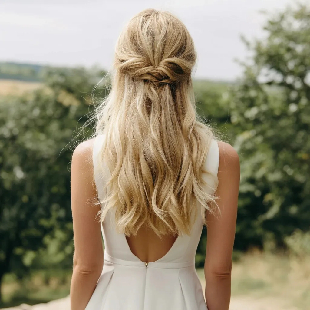 Blonde woman with a half-up braided hairstyle and soft curls wearing a white backless dress outdoors.