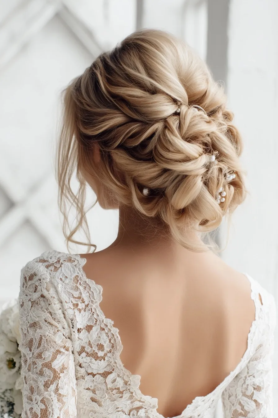Rear view of a woman with a beautiful braided wedding hairstyle with soft curls, captured in a bright photo studio.