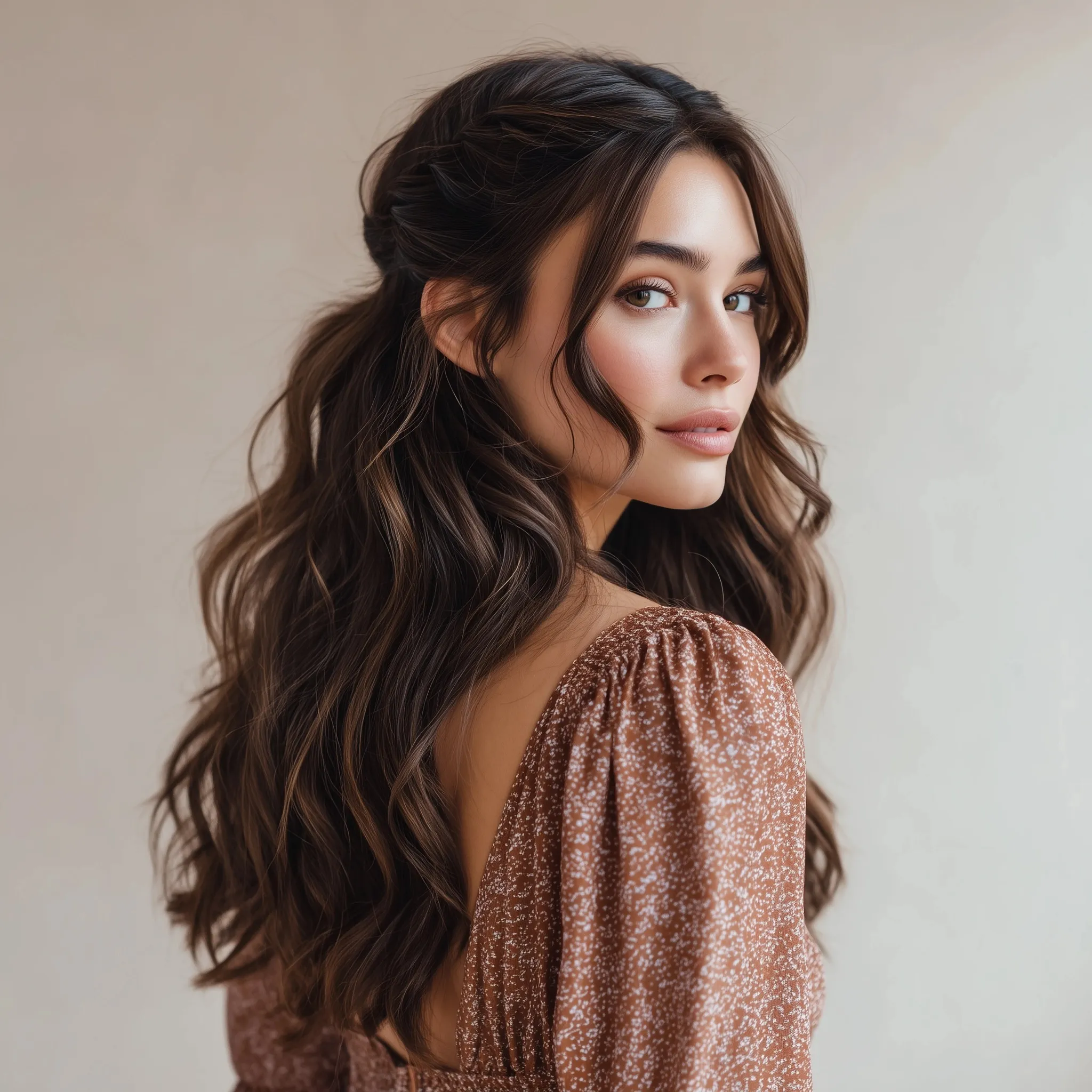 A brunette woman with a half-up half-down braided hairstyle and soft wavy curls in a romantic boho style.