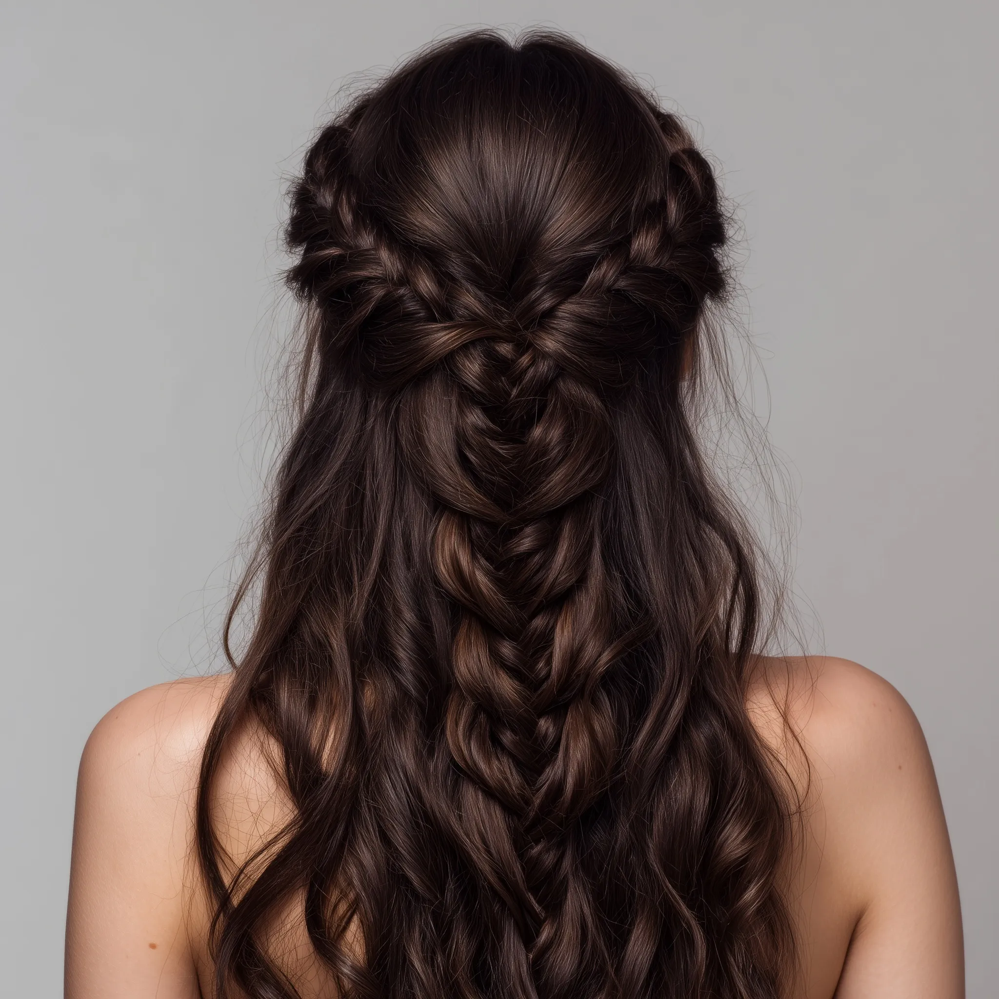 Back view of a young woman with soft braided half-up half-down dark hair and romantic curls, shoulders included.