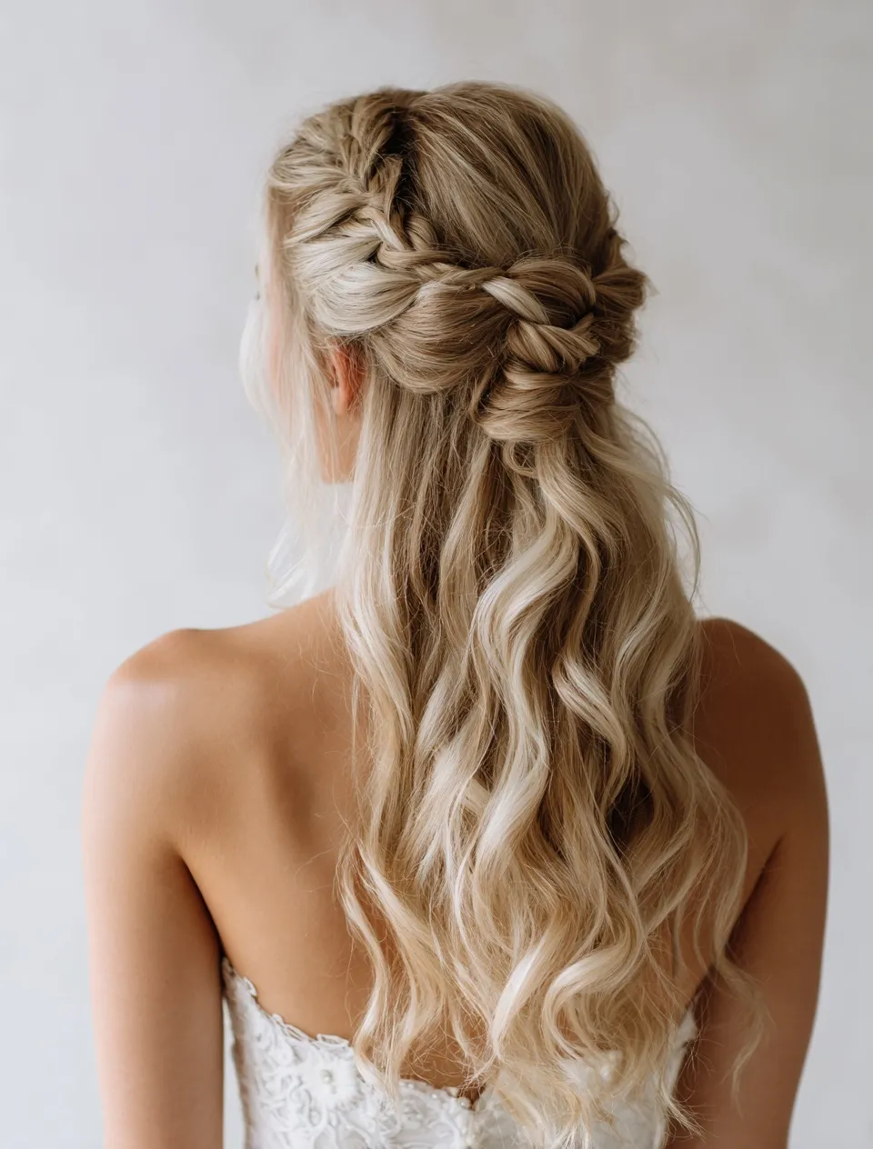 Blonde bride with intricate braided half-up hairstyle and soft curls, viewed from behind against a neutral background.