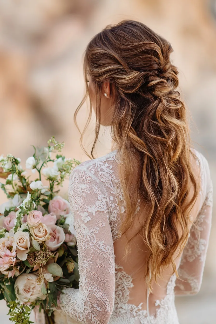 Close-up of a braided half-up hairstyle with soft curls on a woman in a vintage white lace wedding dress holding flowers.