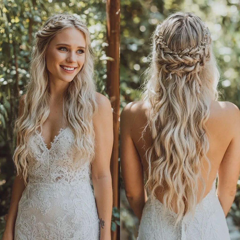 A bride with long blonde hair in a bohemian braided hairstyle with soft curls and a white lace wedding dress.