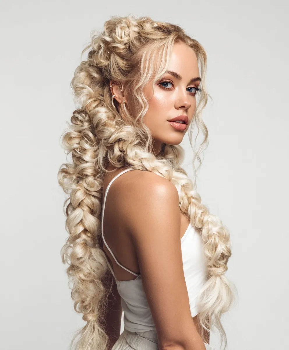 A beautiful woman with long blonde hair styled in large, soft, waist-length braids against a white background.