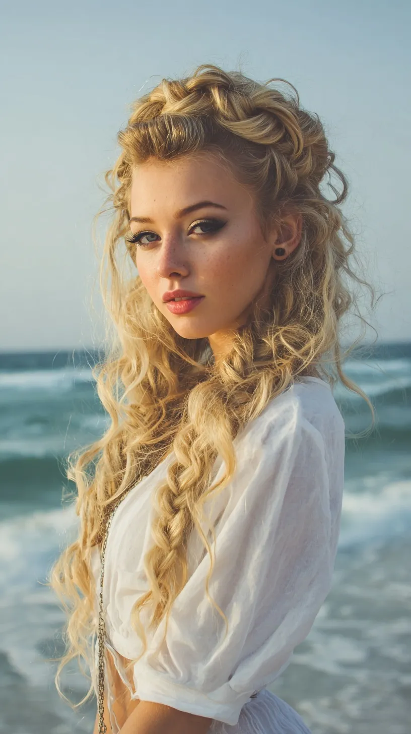 A fashionable girl with a braided hairstyle and soft curls posing on a sunny beach in high-definition photography.